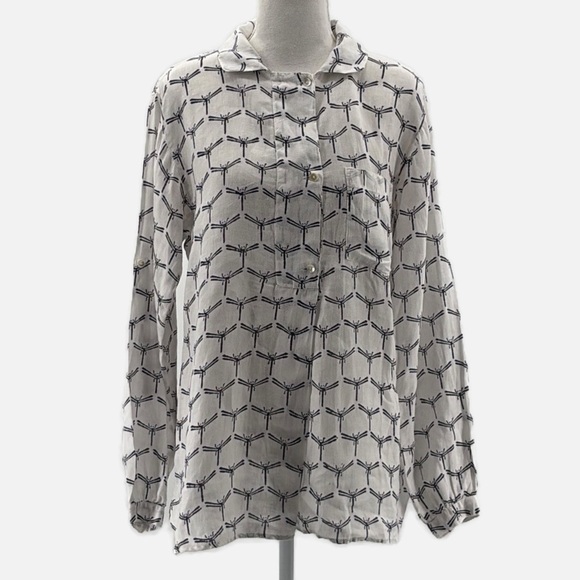 Roberta Freymann Linen Popover Long Sleeve Stamped Dragonfly Tunic Top - Sz XS - Picture 1 of 8